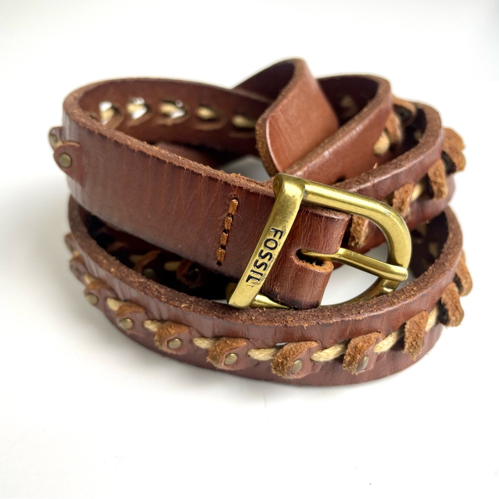 Fossil Size Medium Brown Leather Skinny Belt with Gold Tone Buckle